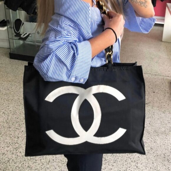 RARE Chanel 1991 Jumbo XL CC Logo Black White 14K Gold GST Shopping Tote Bag - Picture 12 of 12